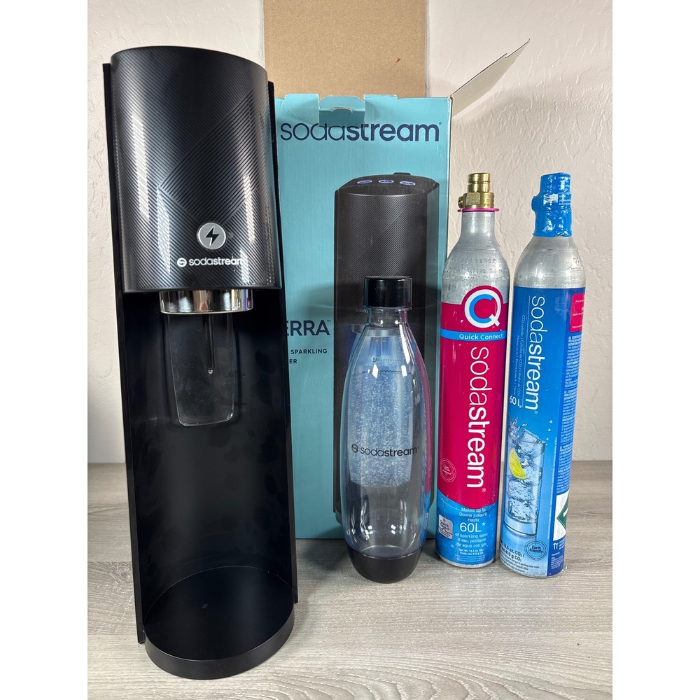 SodaStream E-Terra Automatic Sparkling Water Maker Black Bundle with 2 CO2 Tanks